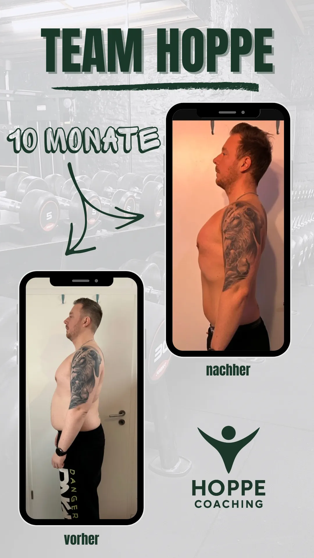 Team Hoppe Vorher-Nachher-Grafik mit dokumentierter Transformation über 10 Monate, Seitenansicht