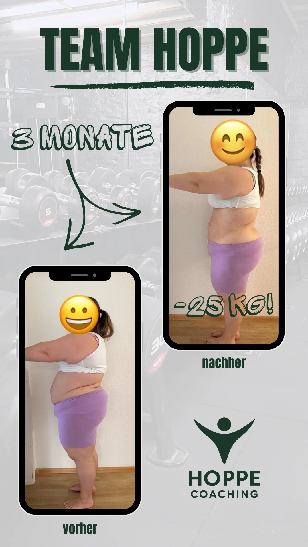 Team Hoppe Vorher-Nachher-Grafik mit dokumentierter Transformation über 3 Monate und minus 25 Kilogramm, Seitenansicht