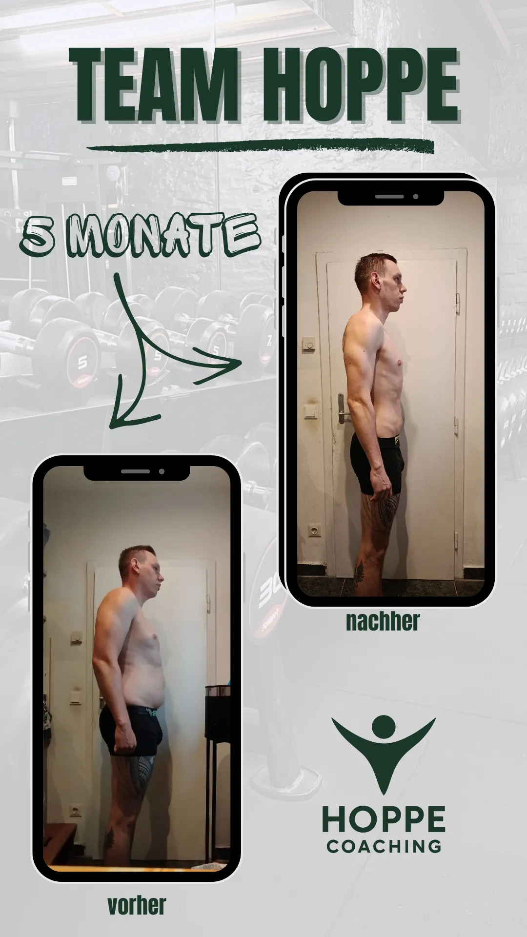 Team Hoppe Vorher-Nachher-Grafik mit dokumentierter Transformation über 5 Monate, Seitenansicht