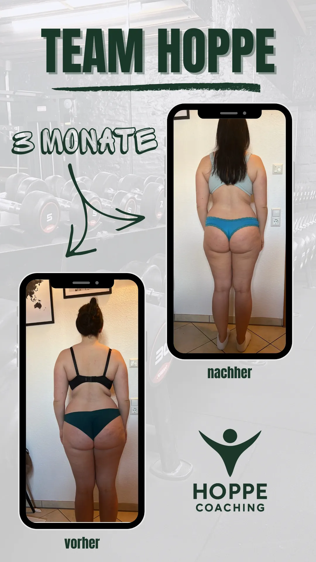Team Hoppe Vorher-Nachher-Grafik mit dokumentierter Transformation über 3 Monate, Rückenansicht