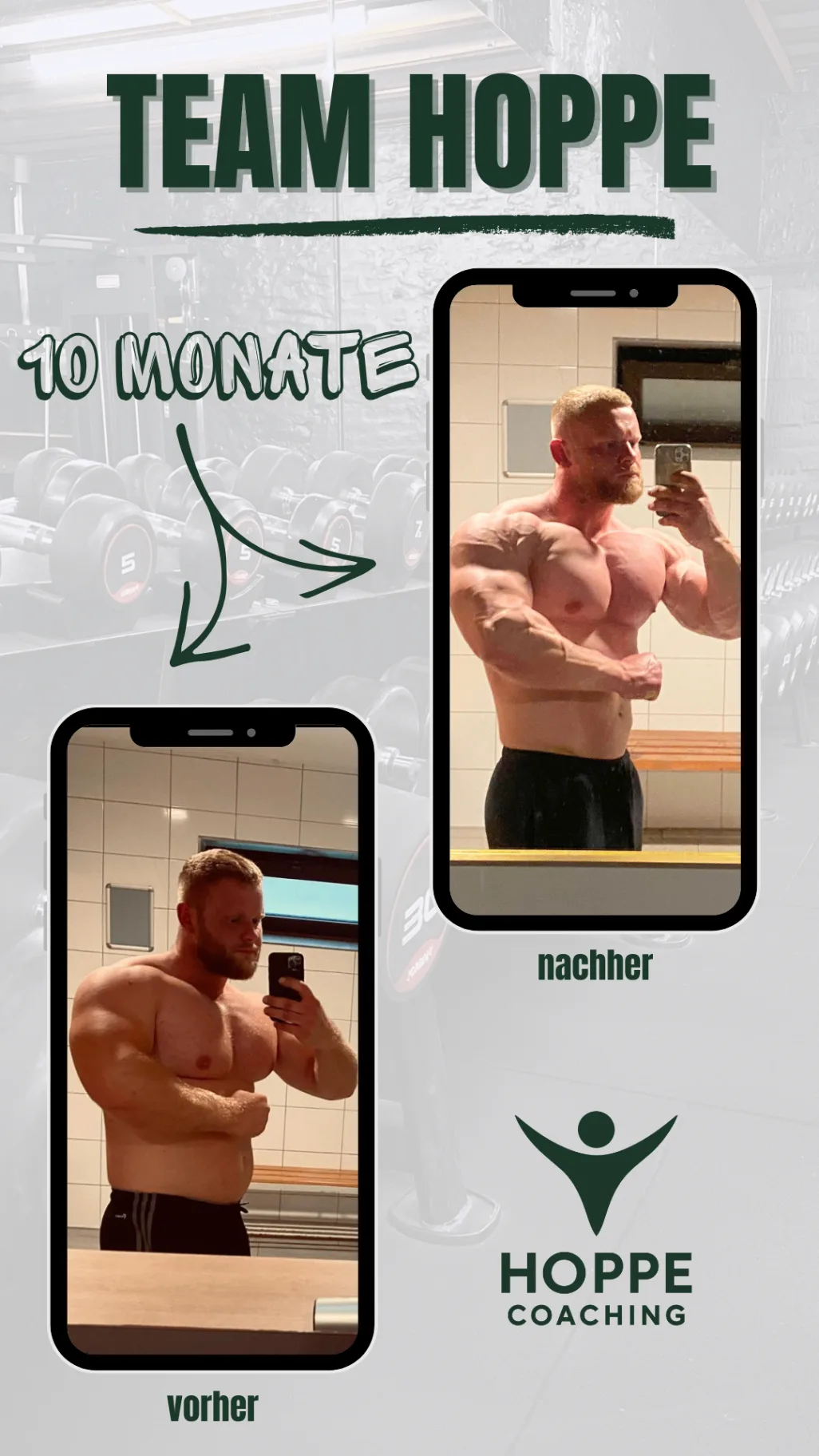 Team Hoppe Vorher-Nachher-Grafik mit dokumentierter Transformation über 10 Monate